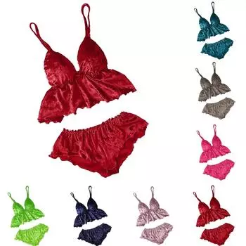 (SU)Женские бархатные сексуальные пижамы с v-образным вырезом и шорты с бантом M синий