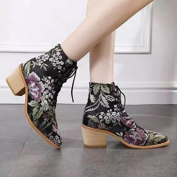 (SU)Женские короткие сапоги, модные тканевые ботинки с вышивкой, ботинки на шнуровке, обувь с острым носком 38 чёрный