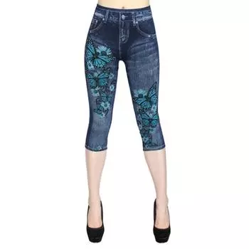 (SU)Женские летние модные брюки из пяти частей с принтом, однотонные тонкие брюки из пяти частей L синий