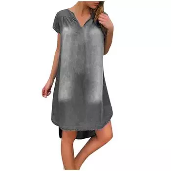 (SU)Женские летние повседневные джинсовые длинные вечерние платья с V-образным вырезом и короткими рукавами