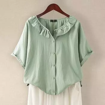 (SU)Женские летние топы размера плюс, однотонная льняная футболка с короткими рукавами и рюшами, блузка