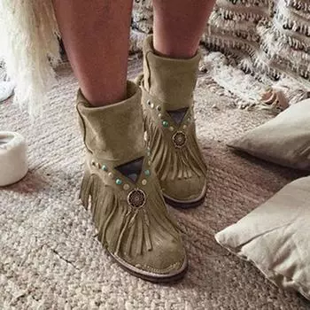 (SU)Женские модные повседневные ботинки с круглым носком и бахромой в стиле ретро, обувь на плоской подошве 42 хаки