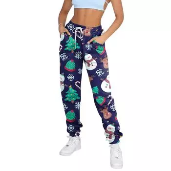 (SU)Женские модные спортивные повседневные спортивные штаны с карманами на шнуровке и рождественским принтом L бежевый
