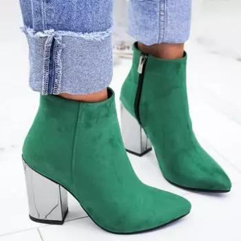 (SU)Женские однотонные ботинки из флока на высоком каблуке с острым носком и застежкой-молнией, повседневная обувь 35 зелёный