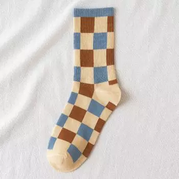 (SU)Женские осенние и зимние полосатые синие спортивные носки в клетку Average Size синий