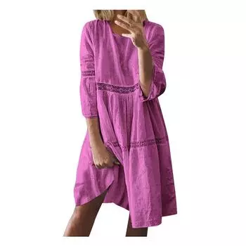 (SU)Женские платья с однотонным вырезом в стиле бохо, кружевные платья средней длины с длинными рукавами и длинными рукавами L светло-синий