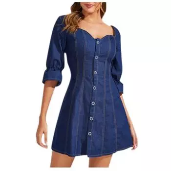 (SU)Женские повседневные джинсовые платья с V-образным вырезом и короткими рукавами