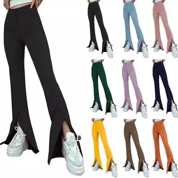(SU)Женские повседневные модные темпераментные однотонные расклешенные брюки с разрезами, брюки M чёрный