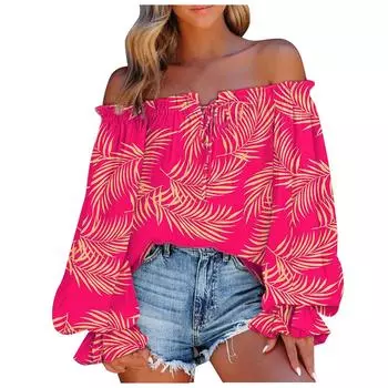 (SU)Женские повседневные свободные рубашки с вырезом и длинным рукавом с принтом, футболки, футболки