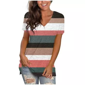 (SU)Женские повседневные топы с v-образным вырезом, футболка с короткими рукавами и принтом, летняя футболка больших размеров, топ-туника L чёрный