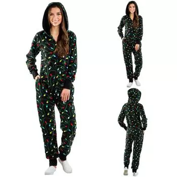 (SU)Женские рождественские пижамы, цельные пижамы с капюшоном и принтом, домашняя одежда, цельные брюки S зелёный