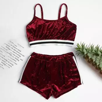 (SU)Женские сексуальные пижамы на бретельках для девочек, шорты, комплект, бархатные подтяжки + шорты M красный