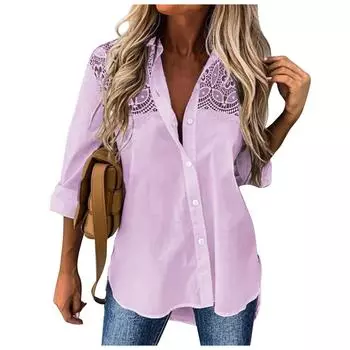 (SU)Женские топы с длинными рукавами, кружевные повседневные свободные блузки на пуговицах с V-образным вырезом, футболки, топы-туники