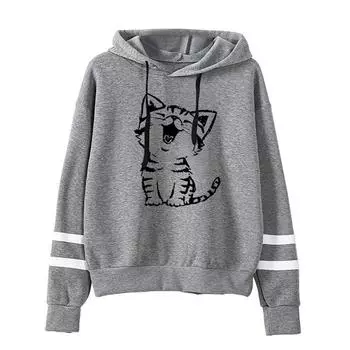 (SU)Женский джемпер с длинным рукавом в полоску и принтом, толстовка с капюшоном, пуловер, топы