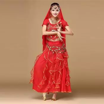 (SU)Женский костюм для танца живота, индийская танцевальная одежда, топ + юбка красный