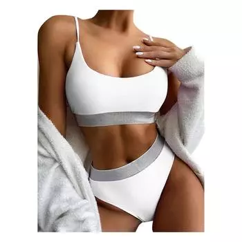 (SU)Женский купальник, новый купальник с высокой талией, женский комплект бикини, купальник с блестками L белый