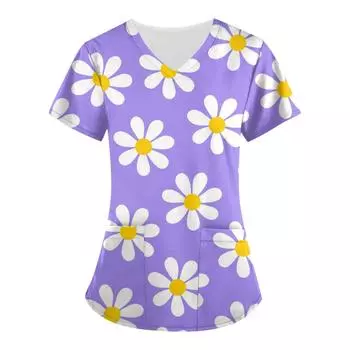 (SU)Женский модный топ с цветочным принтом, V-образным вырезом, короткими рукавами, рабочая одежда с карманами, топы с принтом, футболки L мятный зеленый