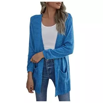 (SU)Женский новый свободный повседневный тонкий кардиган, однотонная куртка с карманами и длинными рукавами M зелёный