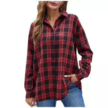 (SU)Женский осенне-зимний кардиган средней длины с лацканами, однобортный топ-рубашка в клетку M чёрный