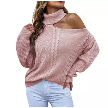 (SU)Женский осенне-зимний сексуальный вязаный свитер с лацканами и дырявым плечом, однотонный пуловер M синий