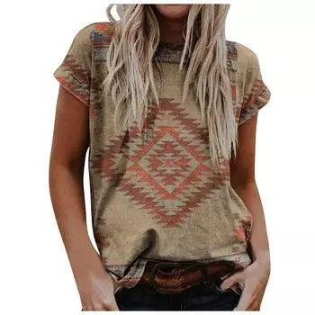 (SU)Женский повседневный пуловер с круглым вырезом и принтом, свободная футболка с короткими рукавами, топ