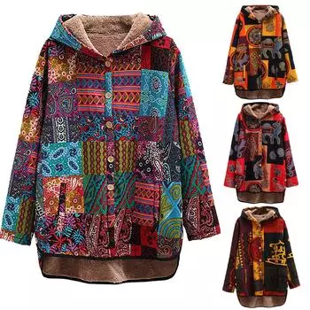 (SU)Женский пуловер с капюшоном и карманами в этническом стиле, мягкая куртка средней длины с длинными рукавами M синий