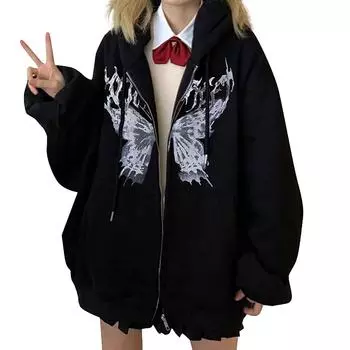 (SU)Женский ретро-модный повседневный крутой свитер с капюшоном и курткой на молнии L чёрный