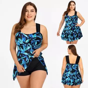 (SU)Женский сексуальный комплект с принтом листьев в этническом стиле из двух частей купальник плюс размер XL синий