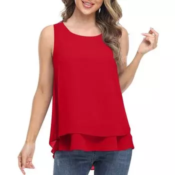 (SU)Женский шифоновый жилет без рукавов, двойной повседневный тонкий топ-рубашка M розовый