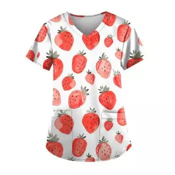 (SU)Женский топ с карманами и карманами с короткими рукавами и v-образным вырезом с фруктовым принтом L зелёный