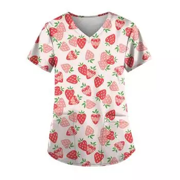 (SU)Женский топ с карманами и карманами с короткими рукавами и v-образным вырезом с фруктовым принтом L синий