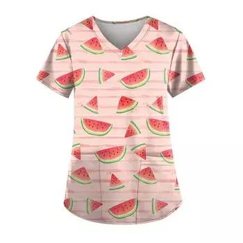 (SU)Женский топ с карманами и карманами с короткими рукавами и v-образным вырезом с фруктовым принтом L зелёный