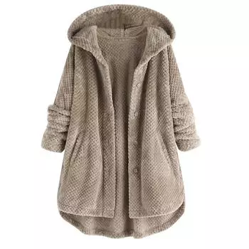 (SU)Женское флисовое пальто с длинным рукавом и карманом на пуговицах больших размеров с капюшоном M серый