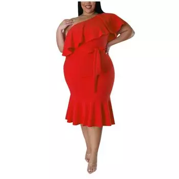 (SU)Женское летнее модное тонкое повседневное платье-миди с наклонными плечами и оборками
