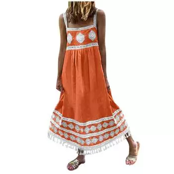 (SU)Женское летнее пляжное праздничное платье с принтом в стиле бохо, платье макси с большими качелями и кисточками L синий