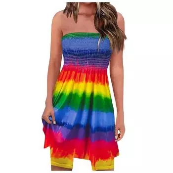 (SU)Женское летнее сексуальное пляжное платье без бретелек без рукавов с цветочным принтом в богемном стиле и рюшами M чёрный