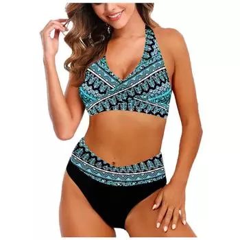 (SU)Женское модное бикини с разрезом и высокой талией, с подушечками для бюстгальтера и без стального купальника с бюстгальтером L синий