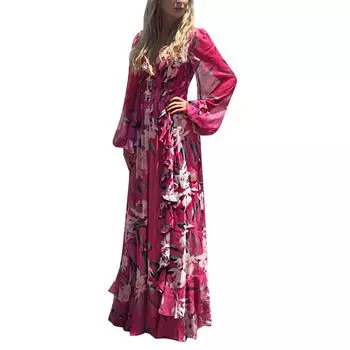 (SU)Женское модное богемное шифоновое платье с V-образным вырезом и длинным рукавом с цветочным принтом M горячий розовый
