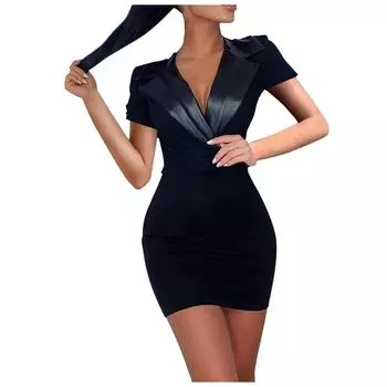 (SU)Женское модное сексуальное приталенное платье с коротким рукавом и v-образным вырезом из кожи с воротником S чёрный