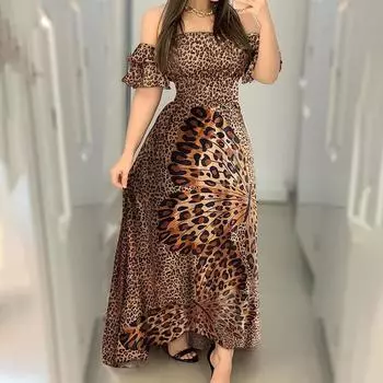 (SU)Женское пляжное повседневное длинное платье с леопардовым принтом без бретелек с коротким рукавом L кофейный