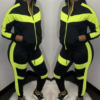 (SU)Женское повседневное цветное пальто с длинным рукавом на молнии, длинные брюки, спортивный комплект S чёрный