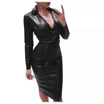 (SU)Женское сексуальное кожаное вечернее клубное платье с V-образным вырезом и миди-боди L чёрный