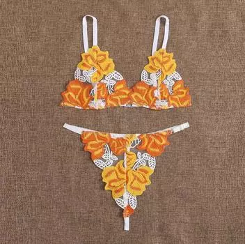 (SU)Женское сексуальное кружевное нижнее белье с вышивкой и v-образным вырезом, беспроводной бюстгальтер, стринги, комплект нижнего белья M