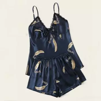 (SU)Женское сексуальное нижнее белье, атласная шелковая ночная рубашка Babydoll, пижамный комплект M синий