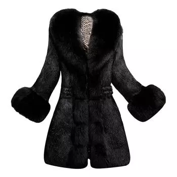 (SU)Женское зимнее офисное женское пальто больших размеров из искусственного меха, женская верхняя одежда, тонкая куртка M чёрный