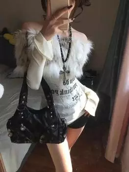 Субкультура Футболки из искусственного меха Женские готические футболки с длинным рукавом Harajuku Американская винтажная одежда Y2K Топы Футболки Punk Emo Street S