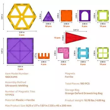 SucceBuy 180PCS Magnetic Building Blocks Construction Children Magnet Tiles Montessori Educational Toys for Kids Birthday Gifts