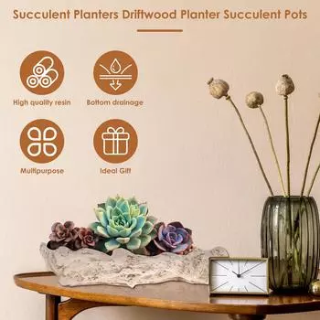 Succulent Planting Pots with Drainage Hole Resin Driftwood Flower Pot Stump Shape Indoor Outdoor Decoration Garden Decoration