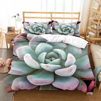 Succulent Plants Green Plant Duvet Cover Set Polyester Comforter Cover King Queen Full Size Bedding Set with Pillowcase for Teen EU single(135x200cm)