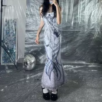 SUCHCUTE платье макси с принтом бабочки и скелета для женщин на тонких бретельках, готическое темное академическое вечернее платье-труба, обтягивающее платье Vestidos S синий